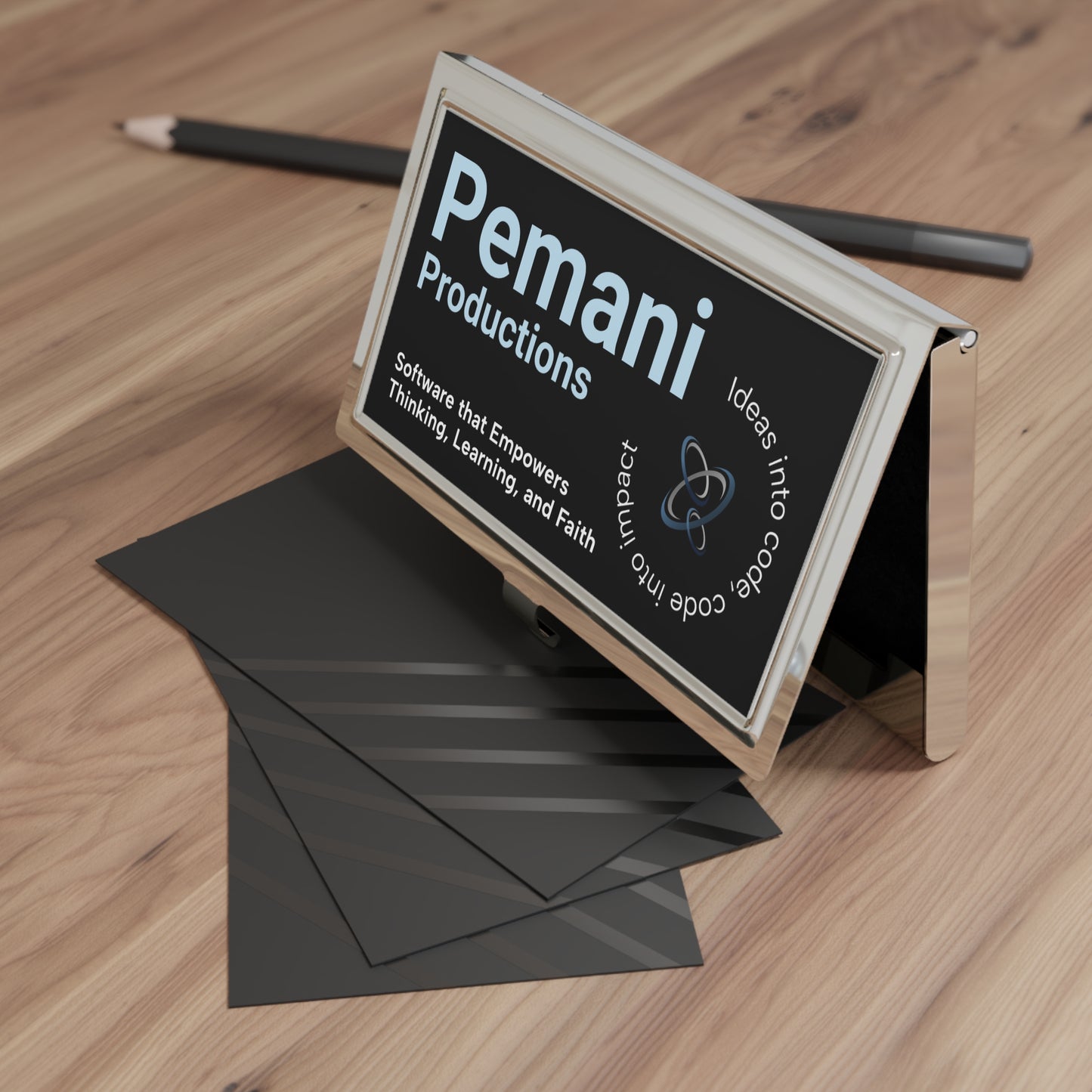 Pemani Productions Metal Business Card Holder — 'Software that Empowers Thinking, Learning, and Faith'