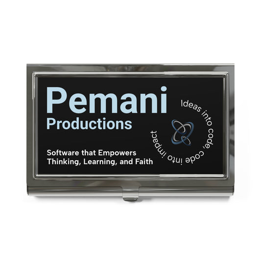 Pemani Productions Metal Business Card Holder — 'Software that Empowers Thinking, Learning, and Faith'