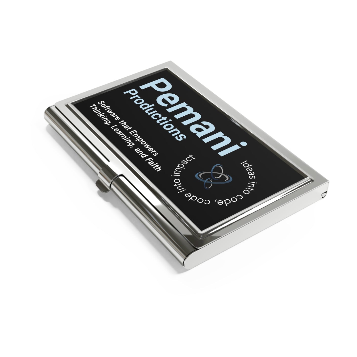 Pemani Productions Metal Business Card Holder — 'Software that Empowers Thinking, Learning, and Faith'