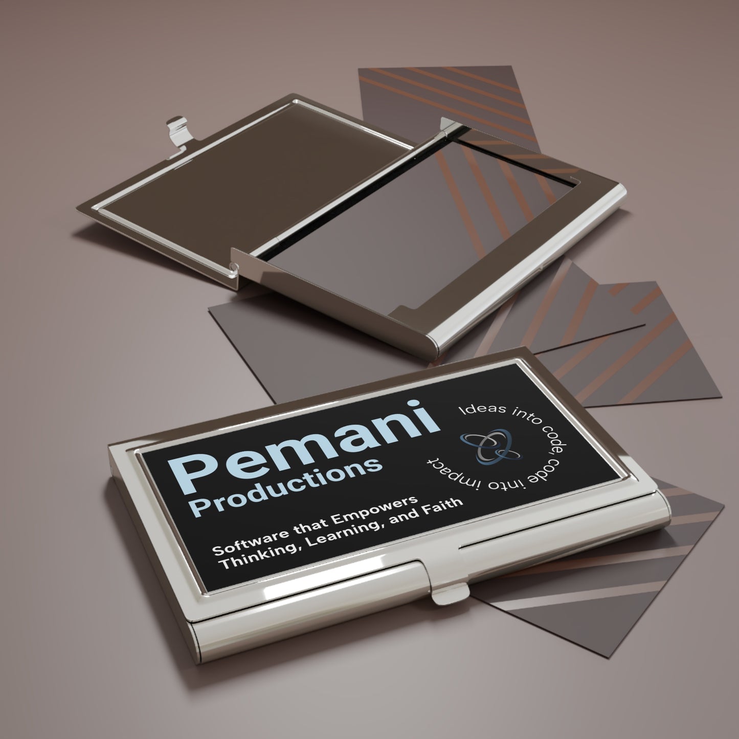 Pemani Productions Metal Business Card Holder — 'Software that Empowers Thinking, Learning, and Faith'